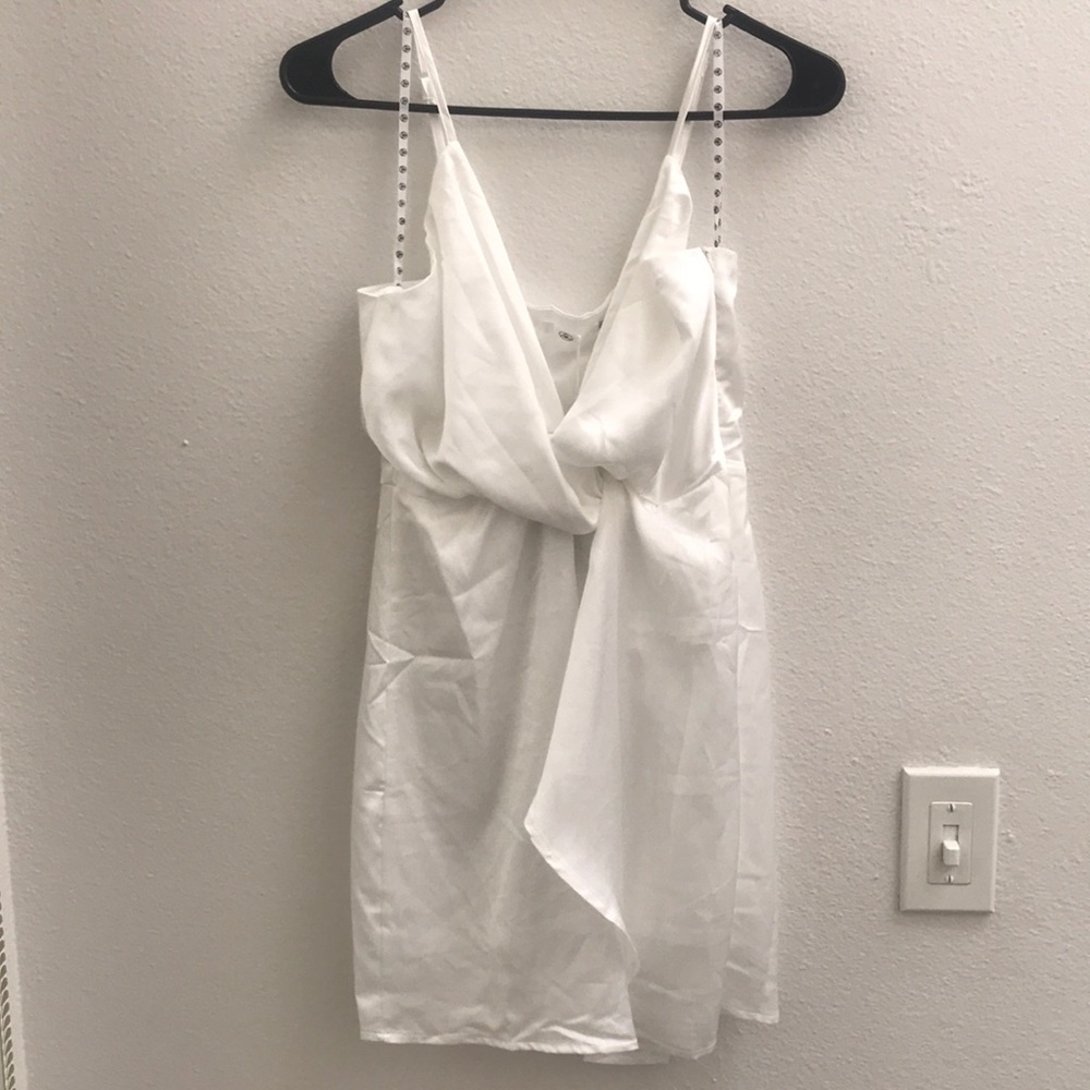 NWT Drape front satin white mini dress